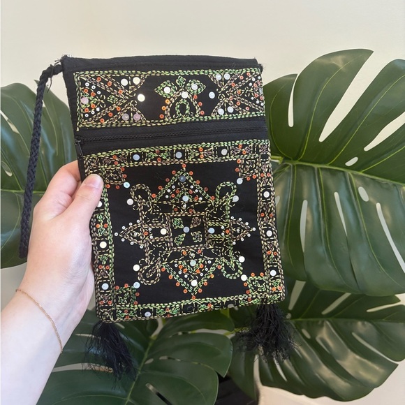 Embroidered Purse Ethnic Black Crossbody Bag with Sequins and Tassels - Picture 2 of 10